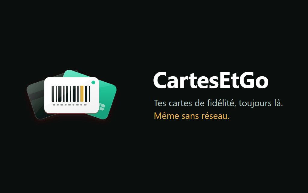 Visuel CartesEtGo : trois cartes en éventail, « Tes cartes de fidélité, toujours là. Même sans réseau. »