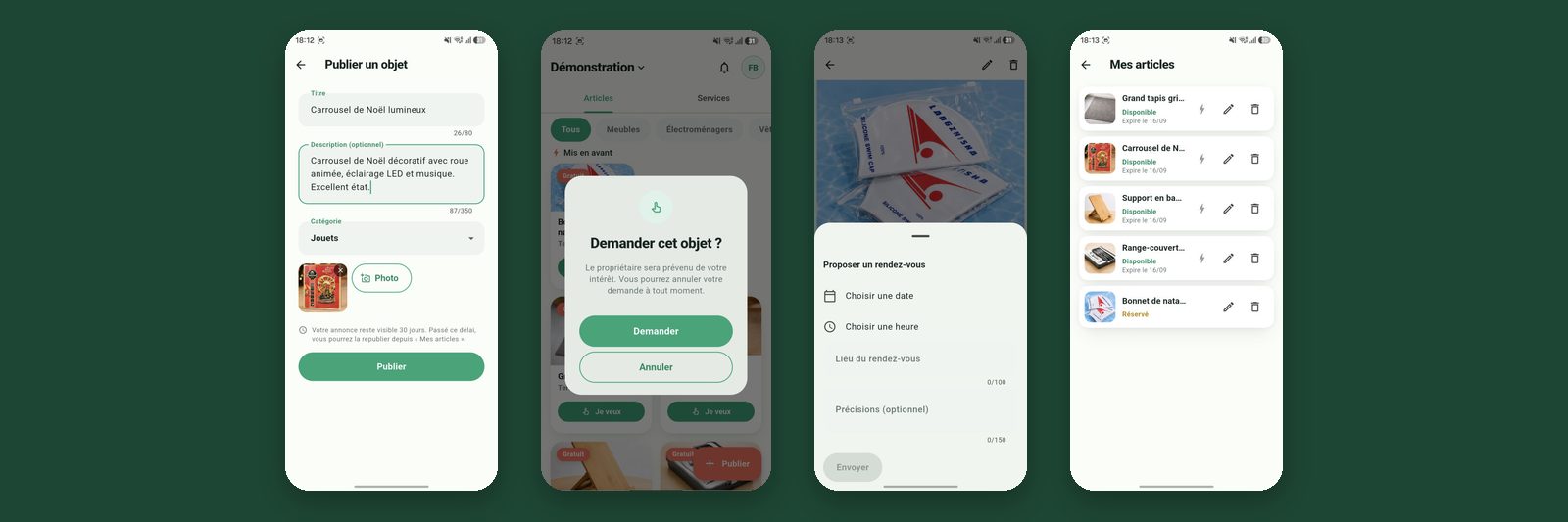Quatre écrans de l'application : publier un objet, le demander, proposer un rendez-vous, gérer ses annonces
