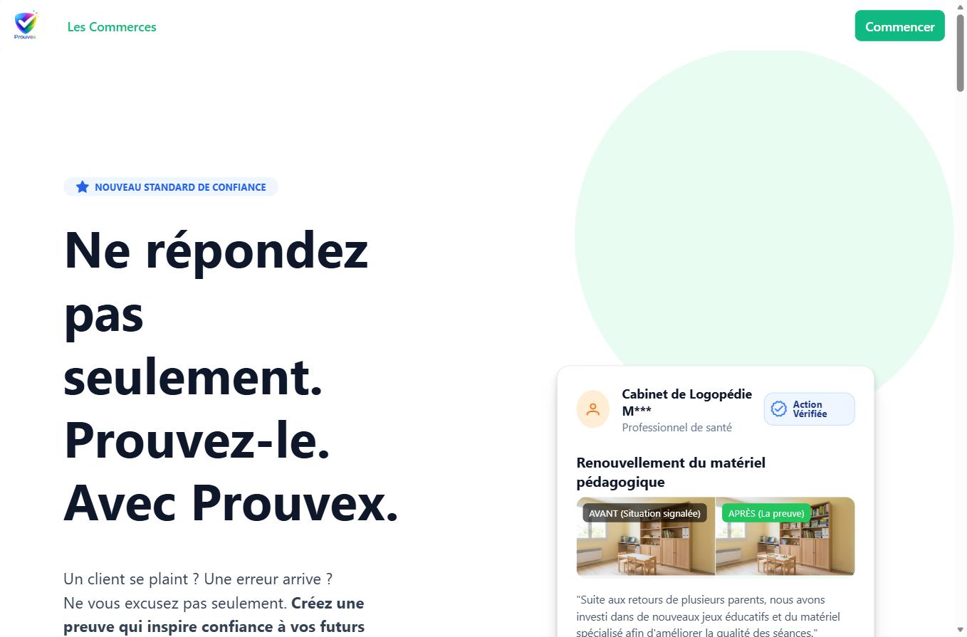 Page d'accueil de Prouvex : « Ne répondez pas seulement. Prouvez-le. »